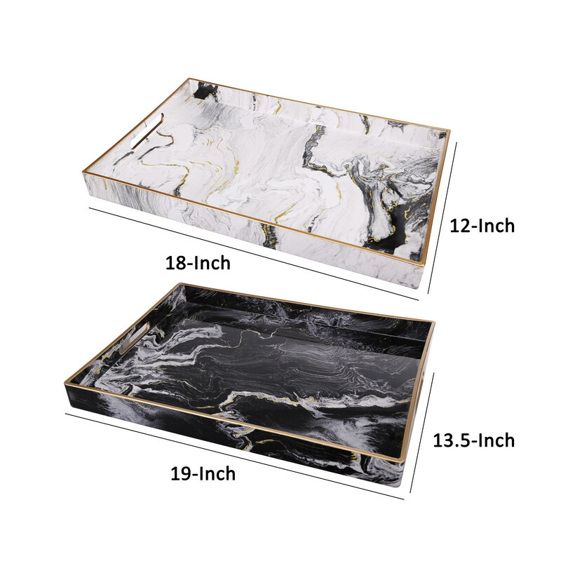 19, 18 Inch Set of 2 Modern Decorative Trays with Rims, Black and White-Benzara