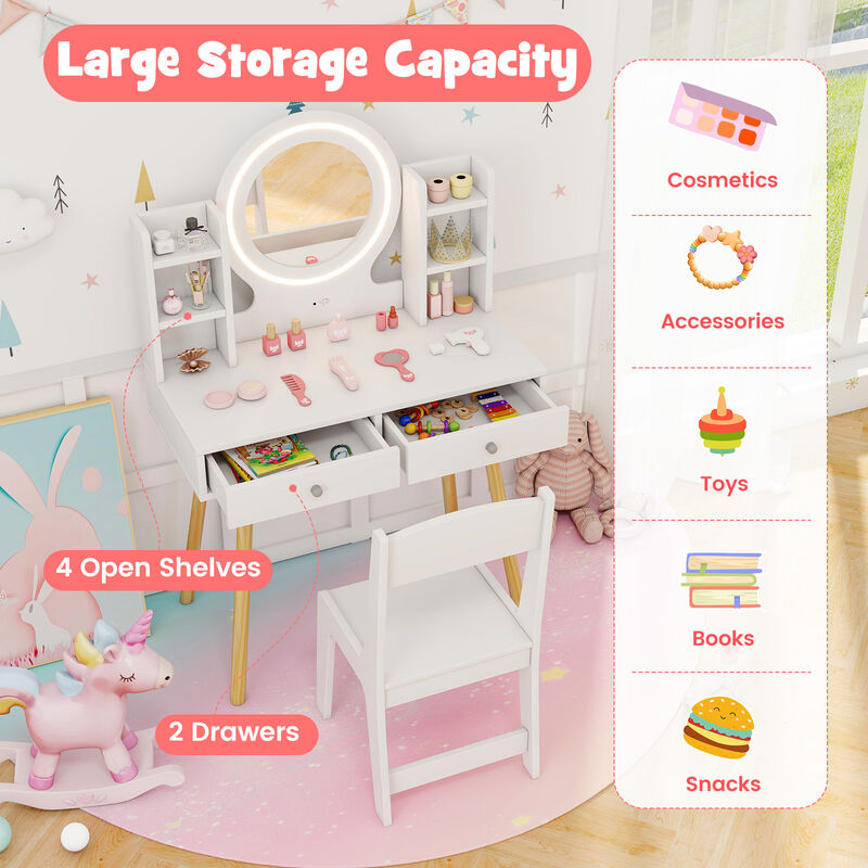 Kids Vanity Set with Lighted Mirror and Storage Drawers