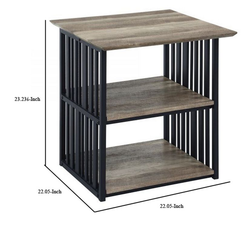 Nori 23 Inch Nightstand, 2 Shelves, Metal Base, MDF, Antique Oak and Black - Benzara