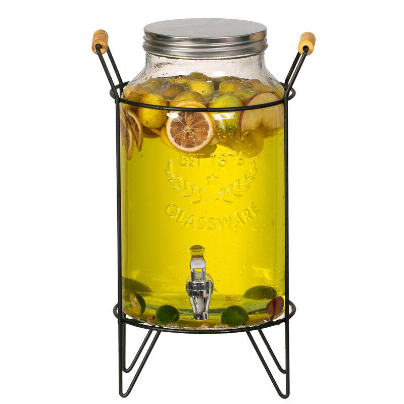 Basicwise 1.6-Gallon Glass Drink Dispenser with Stainless Steel Spigot – Water and Juice Container, Lemonade Stand, Beverage Dispenser for Parties, Weddings, Birthdays, and Family Business Meetings