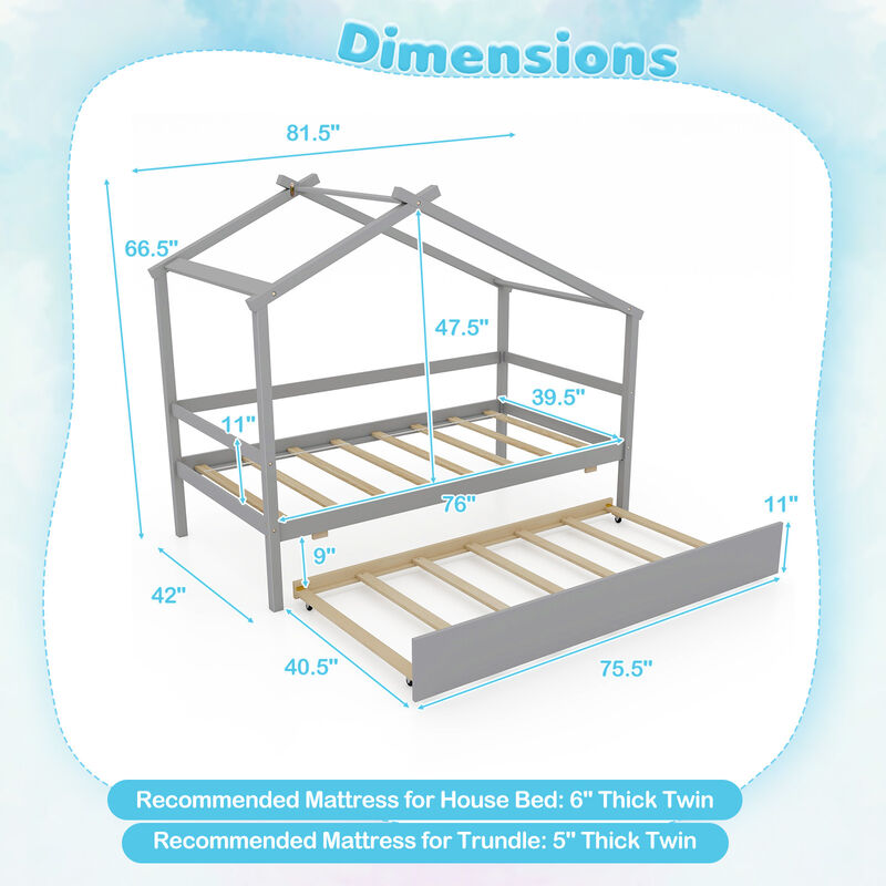 Kids Twin Size House Bed with Trundle and Roof Fun and Functional Sleep Space