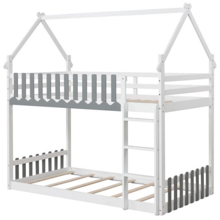 Twin Over Twin Bunk Bed with Fence and Ladder for Kids-Grey