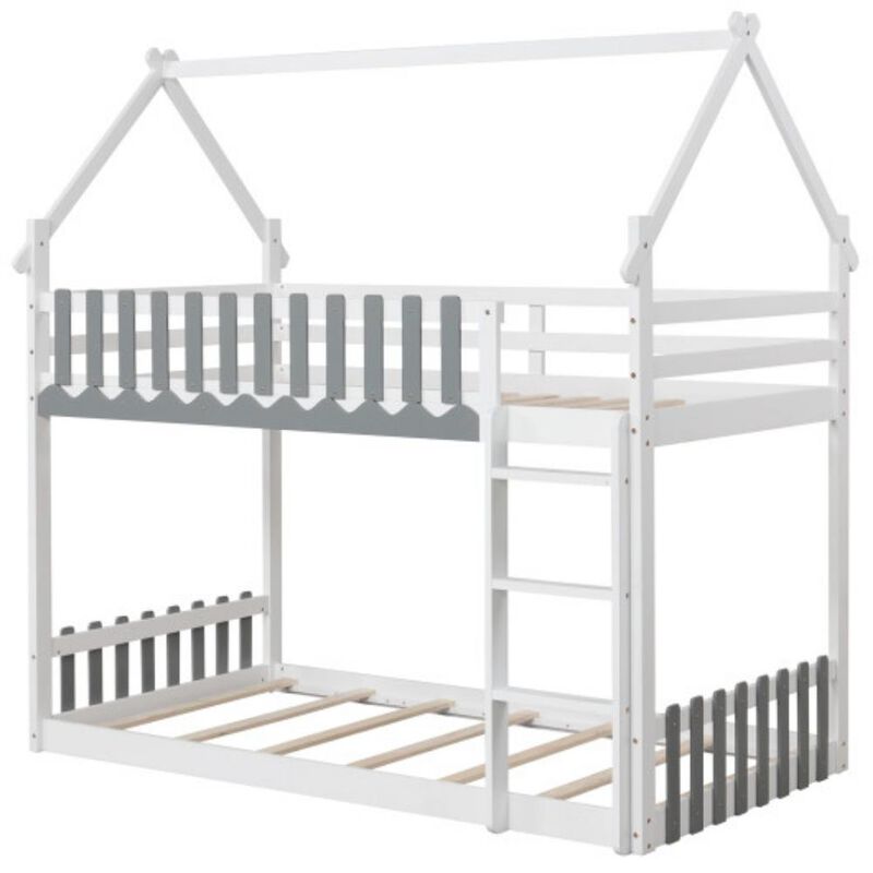Twin Over Twin Bunk Bed with Fence and Ladder for Kids-Grey