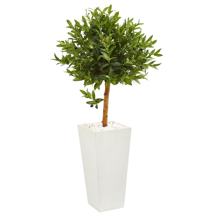 Hivvago 4 Feet Olive Topiary Artificial Tree in White Planter UV Resistant (Indoor/Outdoor)