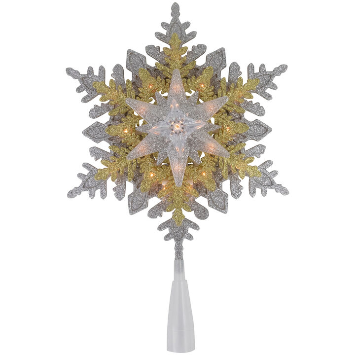 13.75" Lighted Gold and Silver Snowflake Christmas Tree Topper  Clear Lights