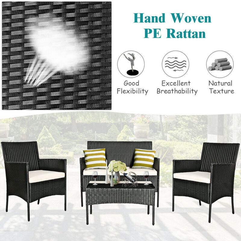 4 Pieces Patio Rattan Cushioned Conversation Sets with Tempered Glass Coffee Table
