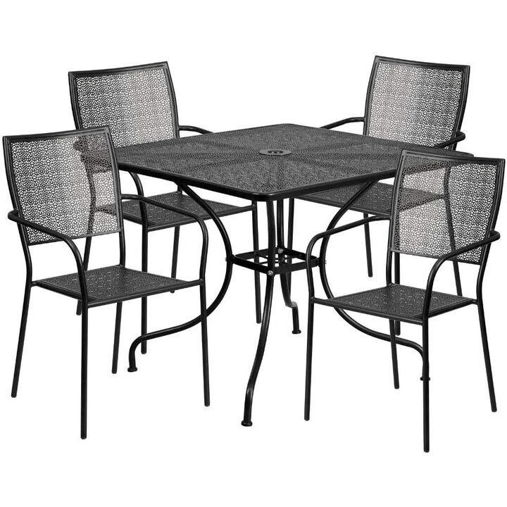 Flash Furniture Oia Commercial Grade 35.5" Square Coral Indoor-Outdoor Steel Patio Table Set with 4 Square Back Chairs