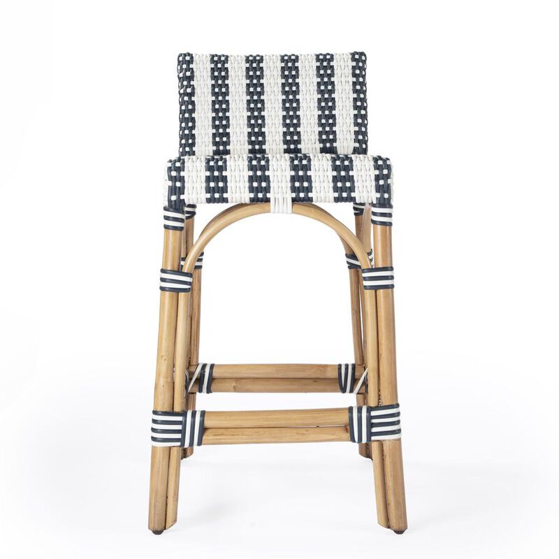 Butler Specialty Rectangular Rattan Low Back 24.5Counter Stool, White and Navy Stripe