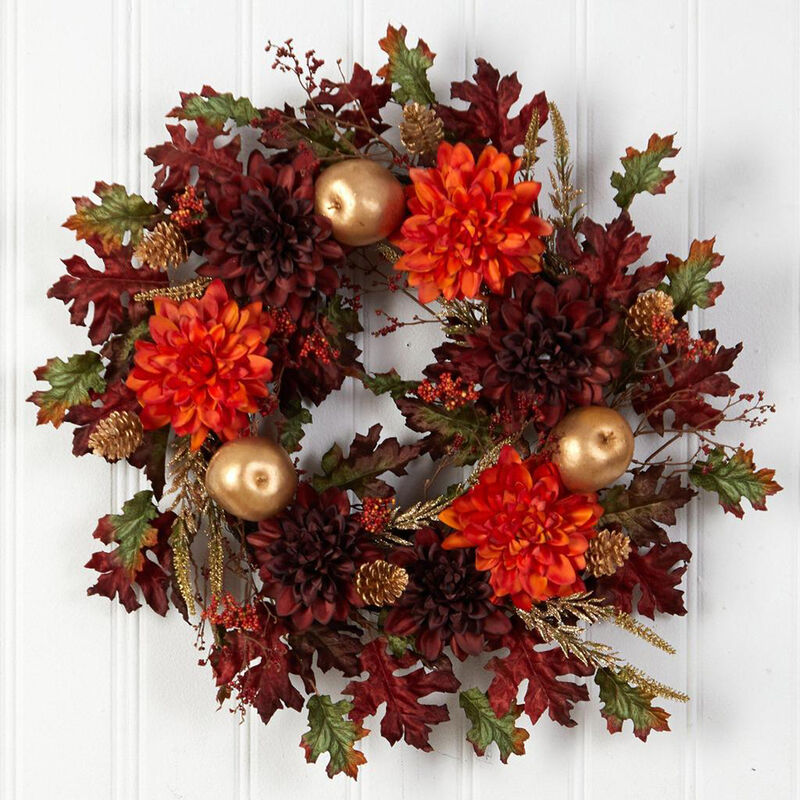 Nearly Natural 24-in Fall Dahlia, Golden Apple, Oak Leaf and Berries Autumn Artificial Wreath