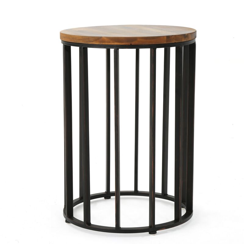 Outdoor Side End Table, 15 Inch Round Brown Wood Top, Black Iron Frame - Benzara