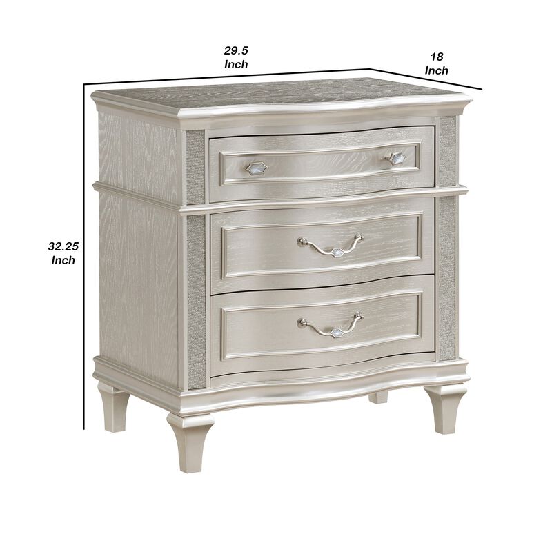 Inz 32 Inch 3 Drawer Nightstand, Elegant Trim Details, Silver Finish -Benzara