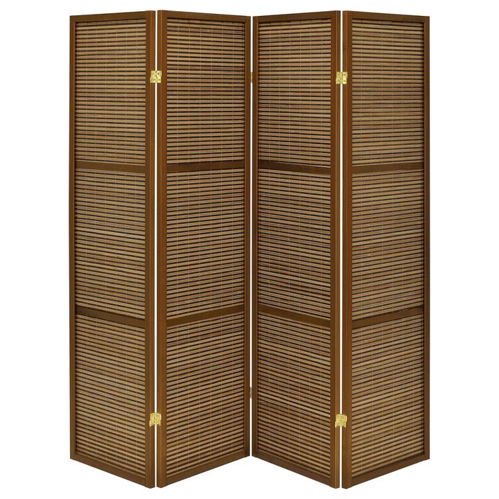 Rown 4 Panel Foldable Privacy Screen, Bamboo, Brown Pine Wood 70 Inch - Benzara