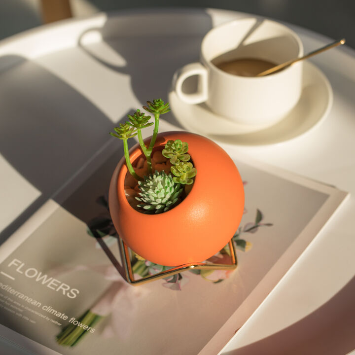 Small Modern Ceramic Flower Vase for Living Room, Home Office Table, Dining Room and Entryway, Orange