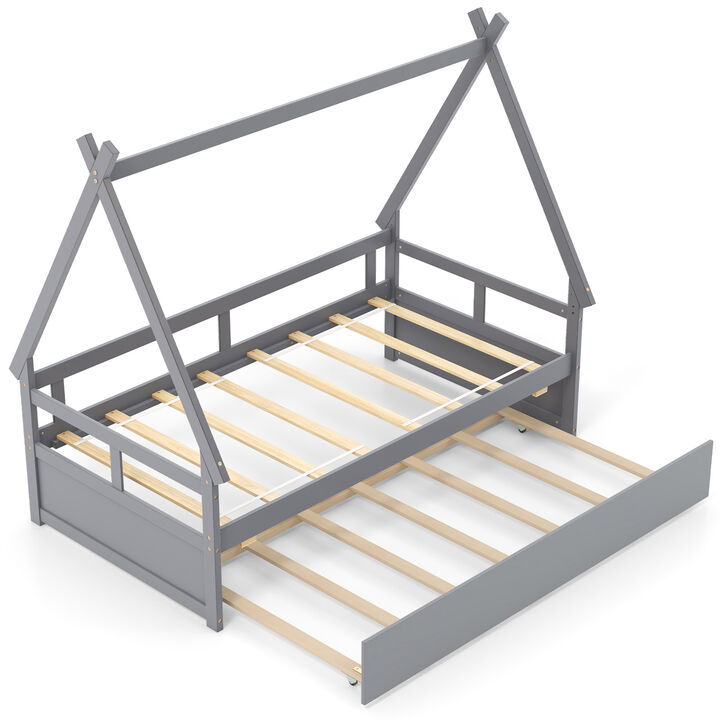 House Bed with Trundle and Safety Guardrail