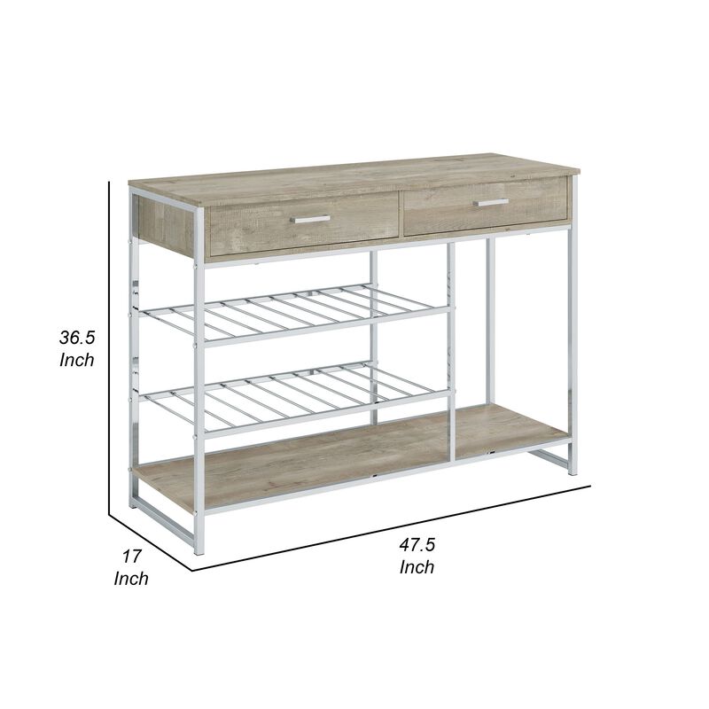 Mel 48 Inch Wine Rack Bar Sideboard, 2 Drawers, Shelves, Gray, Chrome Metal - Benzara