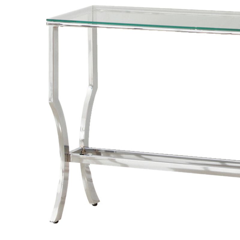 Glass Top Sofa Table with Metal Frame and Mirror Shelf, Chrome-Benzara