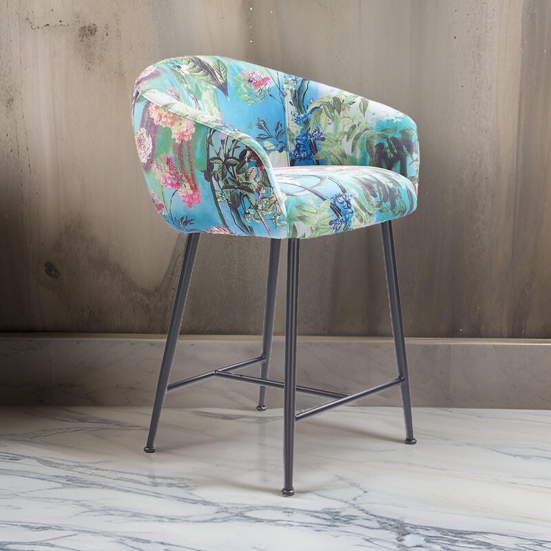 26 Inch Counter Stool Chair, Botanical Floral Print Blue Velvet, Black Legs - Benzara