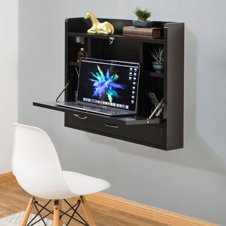 Wall Mount Folding Laptop Writing Computer or Makeup Desk with Storage Shelves and Drawer, White