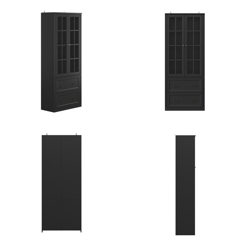 Black Wooden 31.5 in. W Buffet Pantry Cabinet Kitchen Cabinet with Adjustable Shelves and Tempered Glass Doors, Drawers