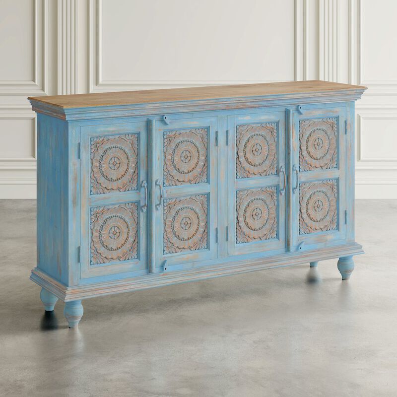 Jofran 71" Solid Wood Boho Distressed Sideboard Cabinet with Artisan Carved Doors