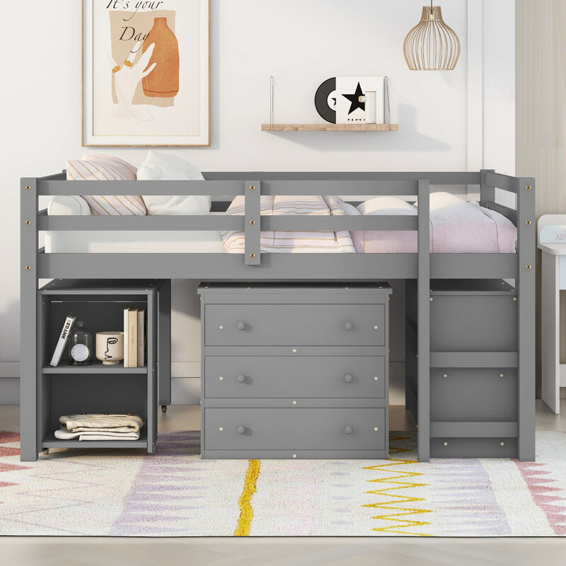 Low Study Full Loft Bed With Cabinet, Shelves And Rolling Portable Desk, Multiple Functions