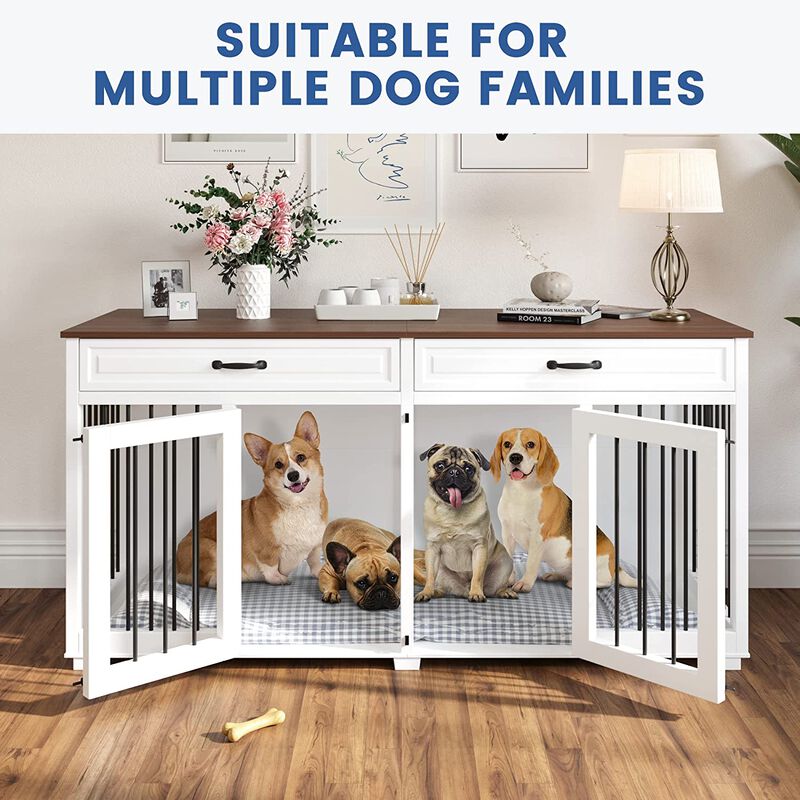64.6 in. Large Dog House Furniture, Indoor Wooden Dog Crate Kennel with 2-Drawers and Divider for Medium or 2 Small Dogs