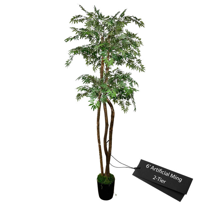 Handmade 6' Artificial Ming 2-Tier Tree In Home Basics Plastic Pot Made with Real Wood and Moss Accents