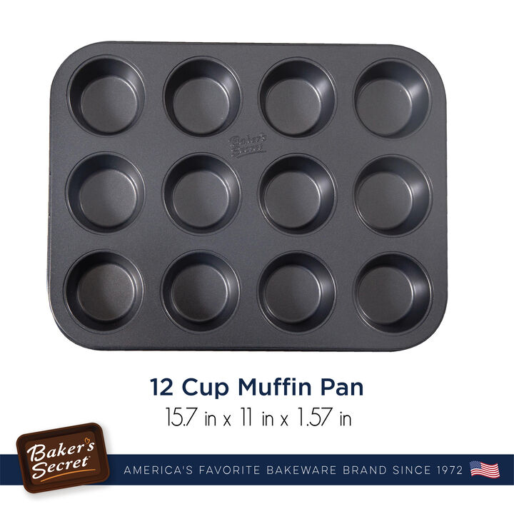 Baker's Secret 12 Cup Muffin Pan, Cupcake Pan, Non-stick coating 2x Layers, Heavy Gauge Carbon Steel, Dark Gray Advanced Collection