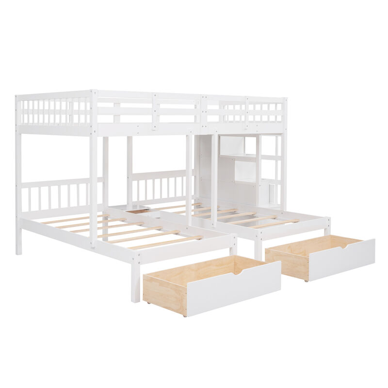 Full Over Twin & Twin Bunk Bed, Wood Triple Bunk Bed With Drawers And Guardrails