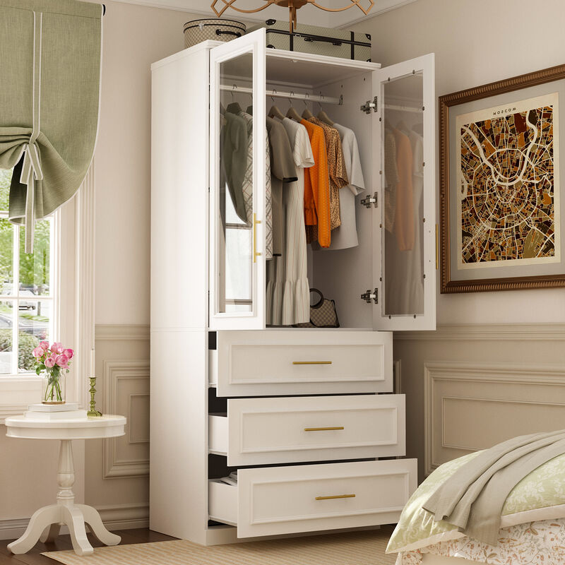 FUFU&GAGA  Elegant Armoire with Glass Doors, Hanging Rods, and Spacious Drawers for Organized Bedroom Storage (31.7" W x 19.3" D x 74.9" H) White
