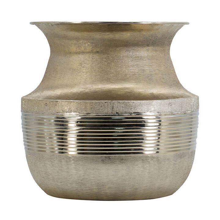 14 Inch Decorative Aluminum Pot, Ribbed Details, Wide Mouth, Gold - Benzara