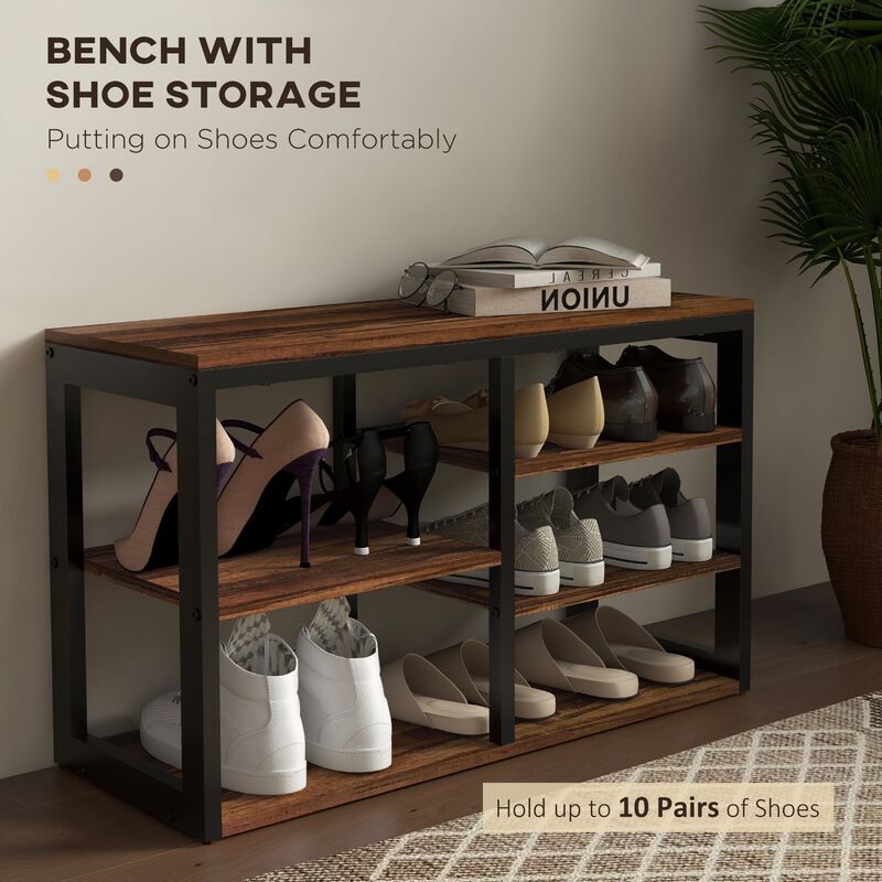 Brown Entryway Coat Rack: 5-Hook, Shoe Bench, 10-Pair Capacity