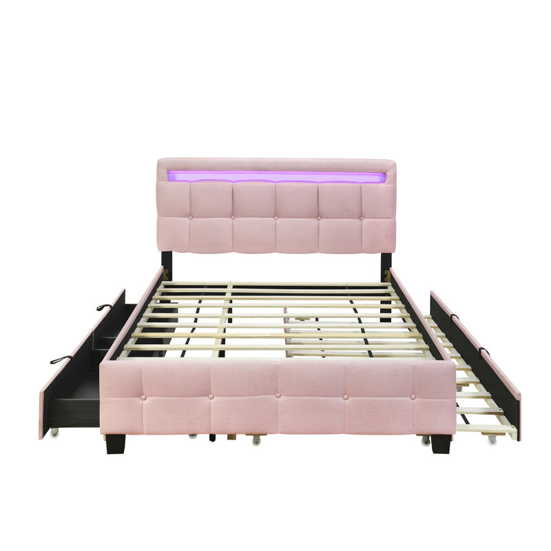 Upholstered Queen Platform Bed with LED Frame & Trundle