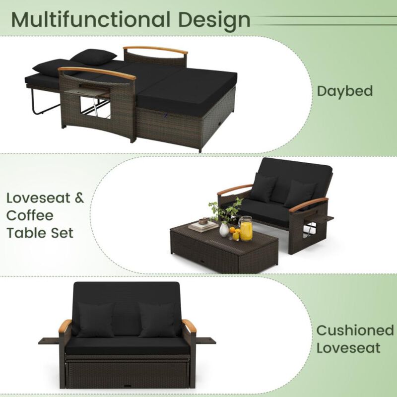 Hivvago Outdoor Wicker Daybed with Folding Panels and Storage Ottoman