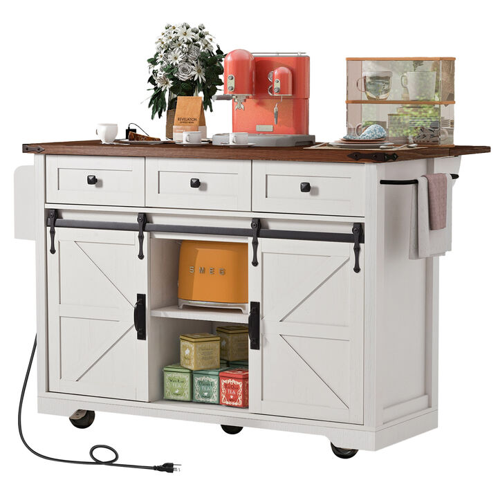 Farmhouse Kitchen Storage Island with Power Outlet, Drop Leaf & Barn Doors