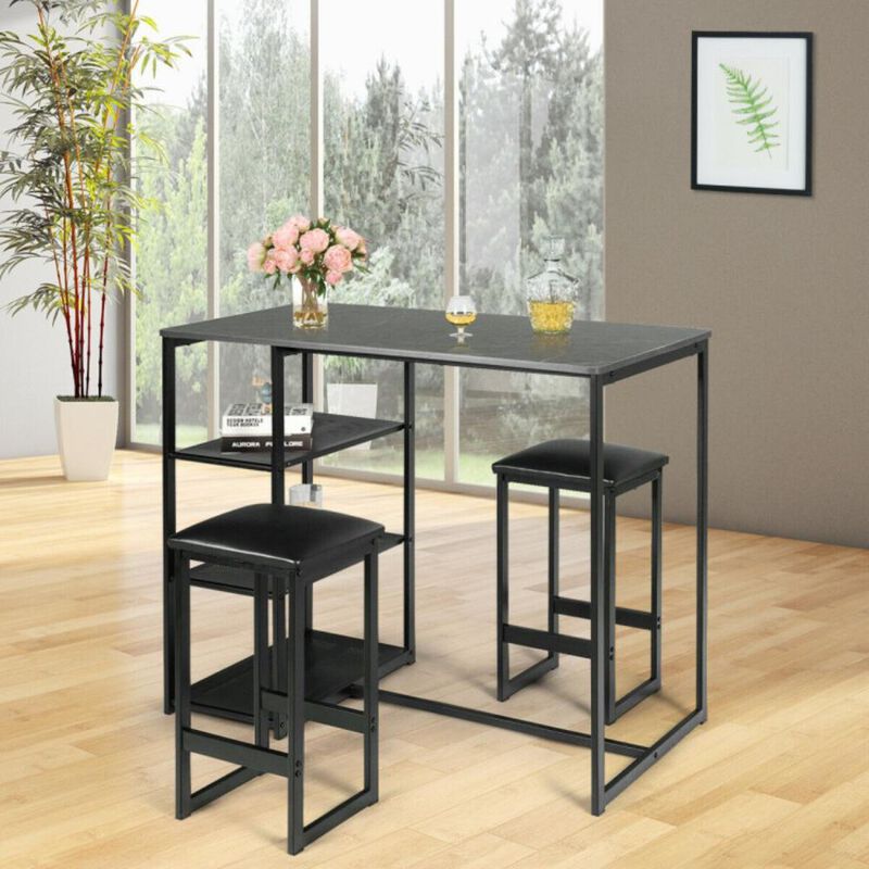 Hivvago 3 Pieces Dining Set with Rectangular Faux Marble and 3 Metal Storage Shelves