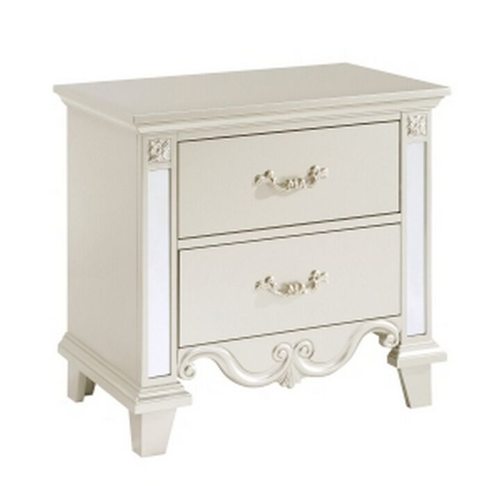 Xeni 28 Inch Nighstand, 2 Drawers, Scrolled and Mirror Accent, Champagne - Benzara