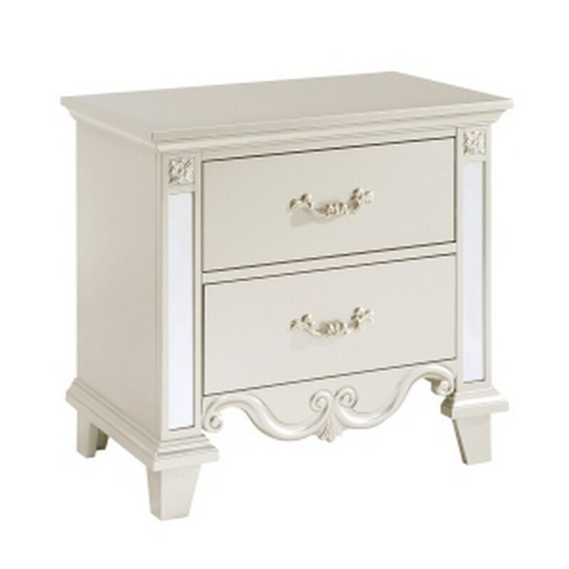 Xeni 28 Inch Nighstand, 2 Drawers, Scrolled and Mirror Accent, Champagne - Benzara