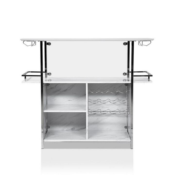 Bar Table with Faux Marble and Chrome Finish, White and Silver-Benzara