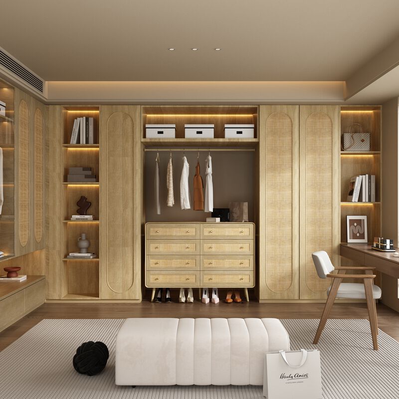 FUFU&GAGA Modern Rattan Dresser with 8 Drawers, PB Board with Gold Accents (55.1" W x 40" H x 13.9" D), Oak