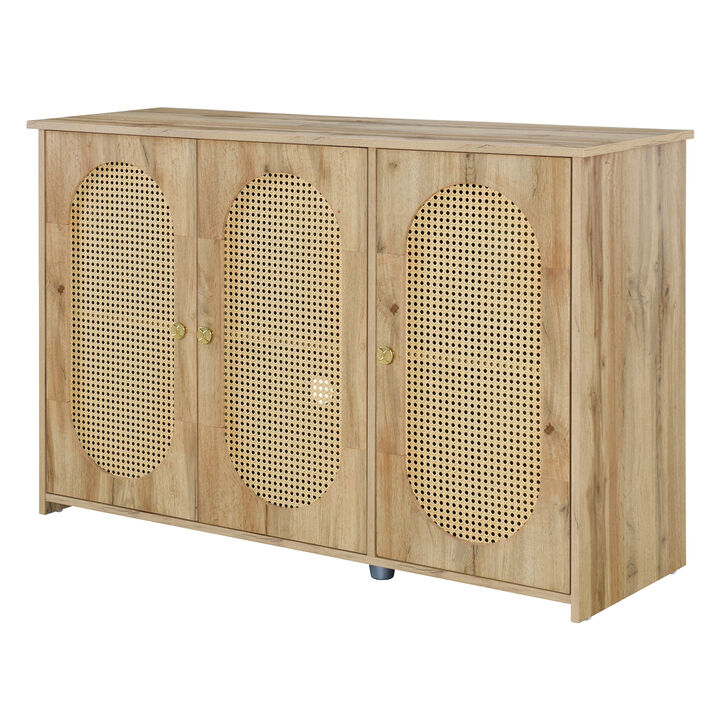 Clihome Retro 3-Door Sideboard with Large Storage Space Artificial Rattan Doors and Metal Handles, Accent Cabinet for Living Room and Hallway (Natural Wood)