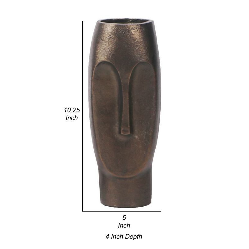 Anea Flower Vase, Face Design, Pedestal Base, Textured Bronze Finish - Benzara
