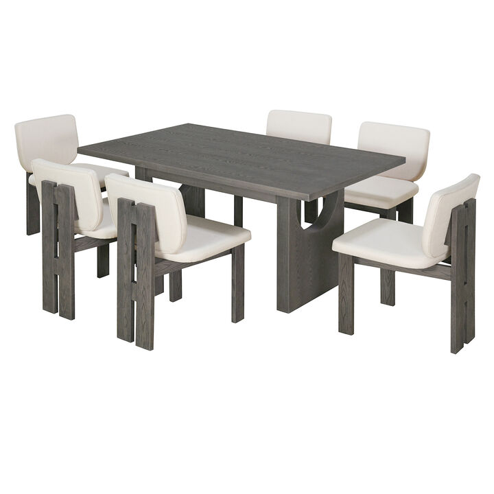 7-Piece Retro Dining Table Set for 6, 60" Wood Dining Table Set for 6 with Upholstered Chairs and Designed Trestle Base for kitchen & Dining Room (Grey)