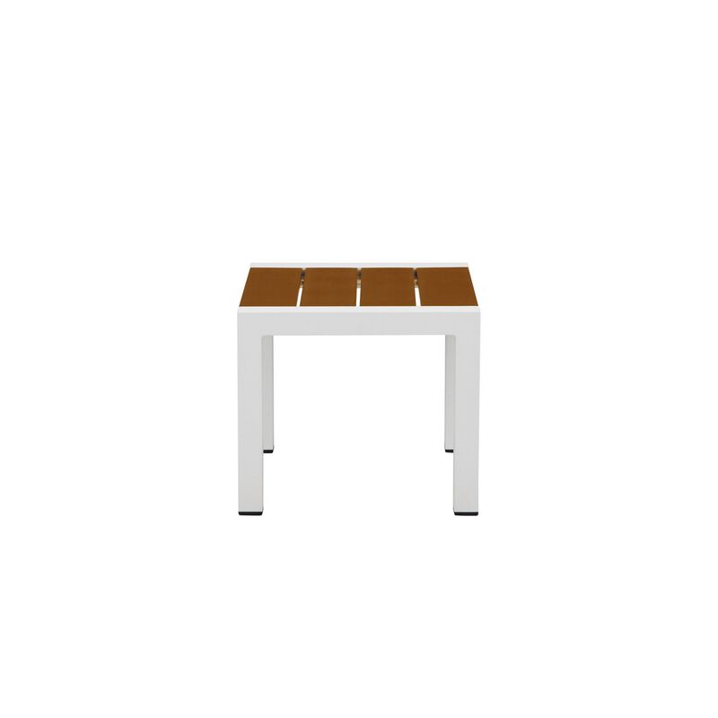 Josh 18 Inch Side End Table, Rich Brown Polyresin Planks, Aluminum Frame-Benzara