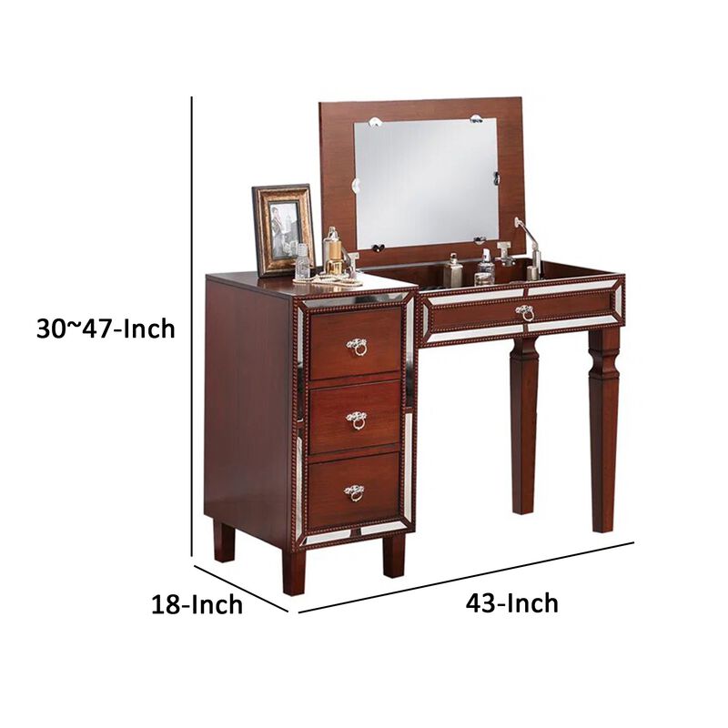 Sosi 47 Inch Vanity Desk Set with Stool, 3 Mirror Inlaid Drawers, Brown-Benzara