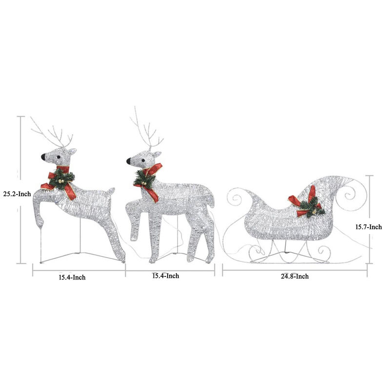 Outdoor Christmas Reindeer and Sleigh Decoration, 60 Silver LED Lights - Benzara