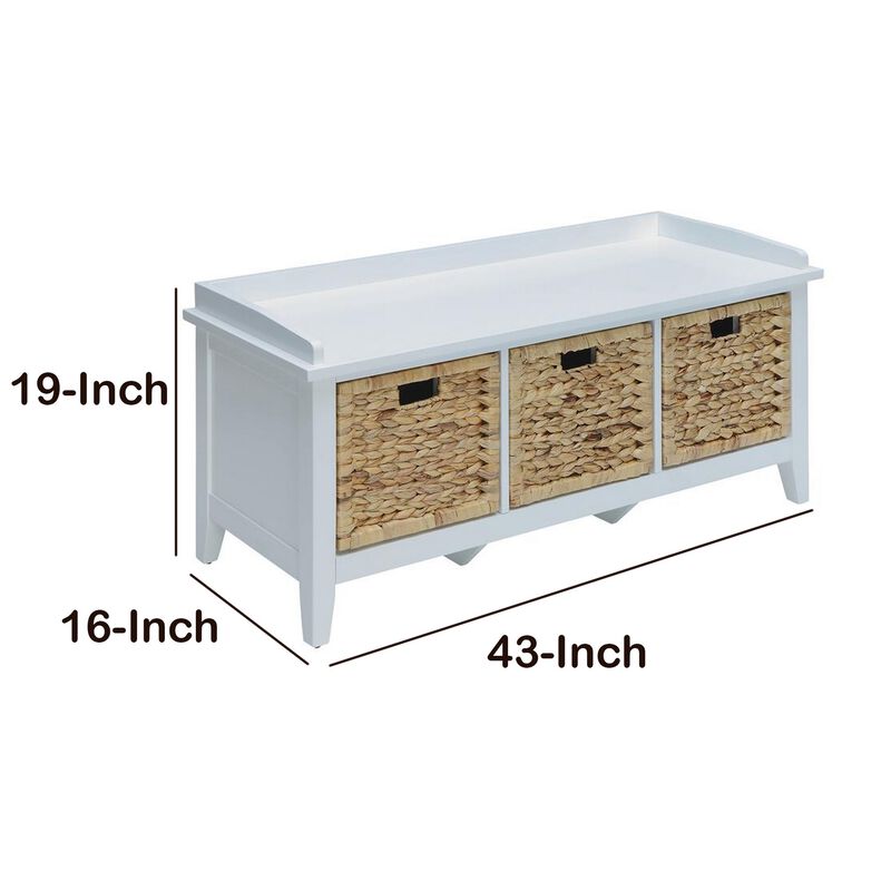 Rectangular Wooden Bench with Storage Basket, White-Benzara
