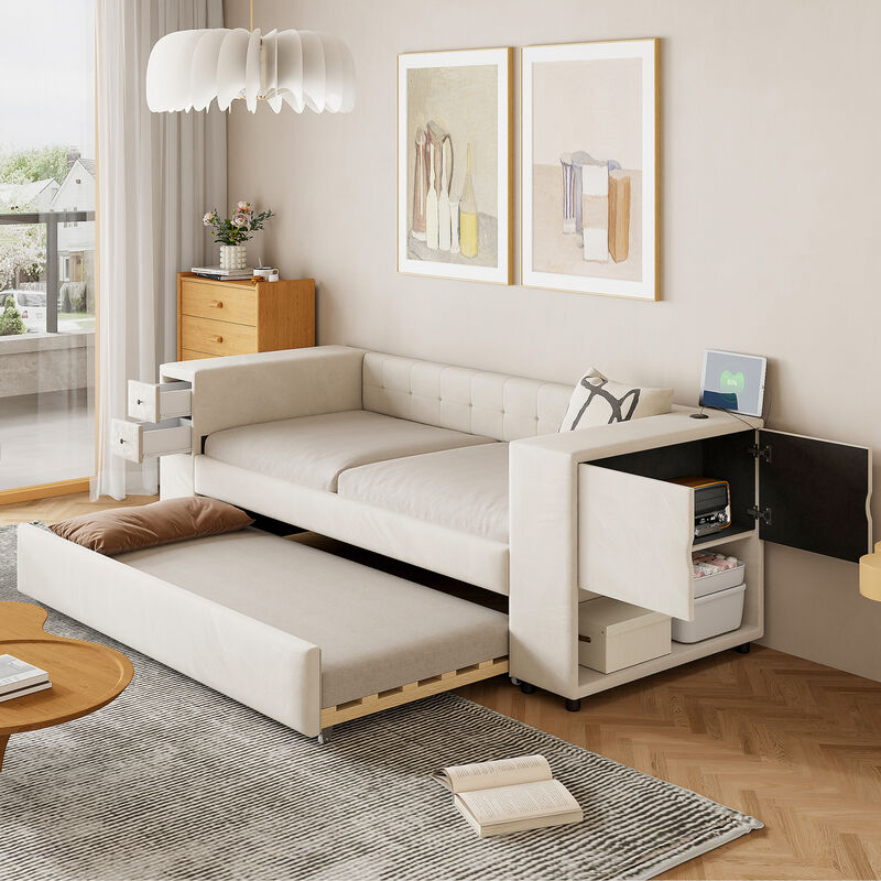 Merax Upholstered Bed with Trundle and USB Charging Ports