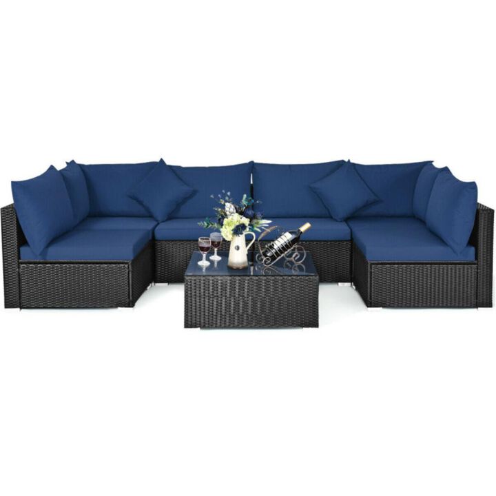 Hivvago 7 Pieces Sectional Wicker Furniture Sofa Set with Tempered Glass Top Coffee Table