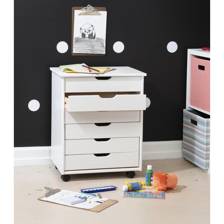 Linon Cary Six Drawer Wide Roll Cart, White Wash
